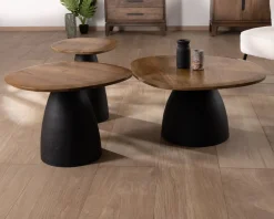 Ensemble de 3 tables basses en bois et métal formes galets naturels 