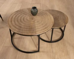 Ensemble de 2 tables basses rondes gigognes noires plateau bois "Joe"