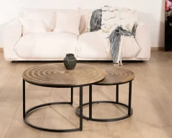 Ensemble de 2 tables basses rondes gigognes noires plateau bois 
