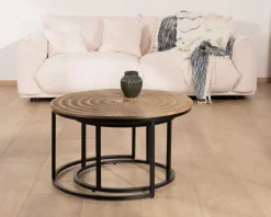 Ensemble de 2 tables basses rondes gigognes noires plateau bois 