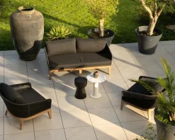 Ensemble de jardin haut de gamme 3 pièces en teck et tissu gris foncé "Tuléo"