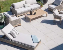 Ensemble de jardin tressé en teck et tissu haut de gamme chiné "Porticcio"