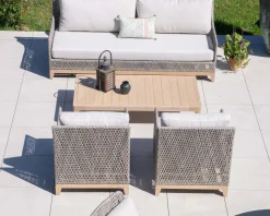 Ensemble de jardin tressé en teck et tissu haut de gamme chiné 