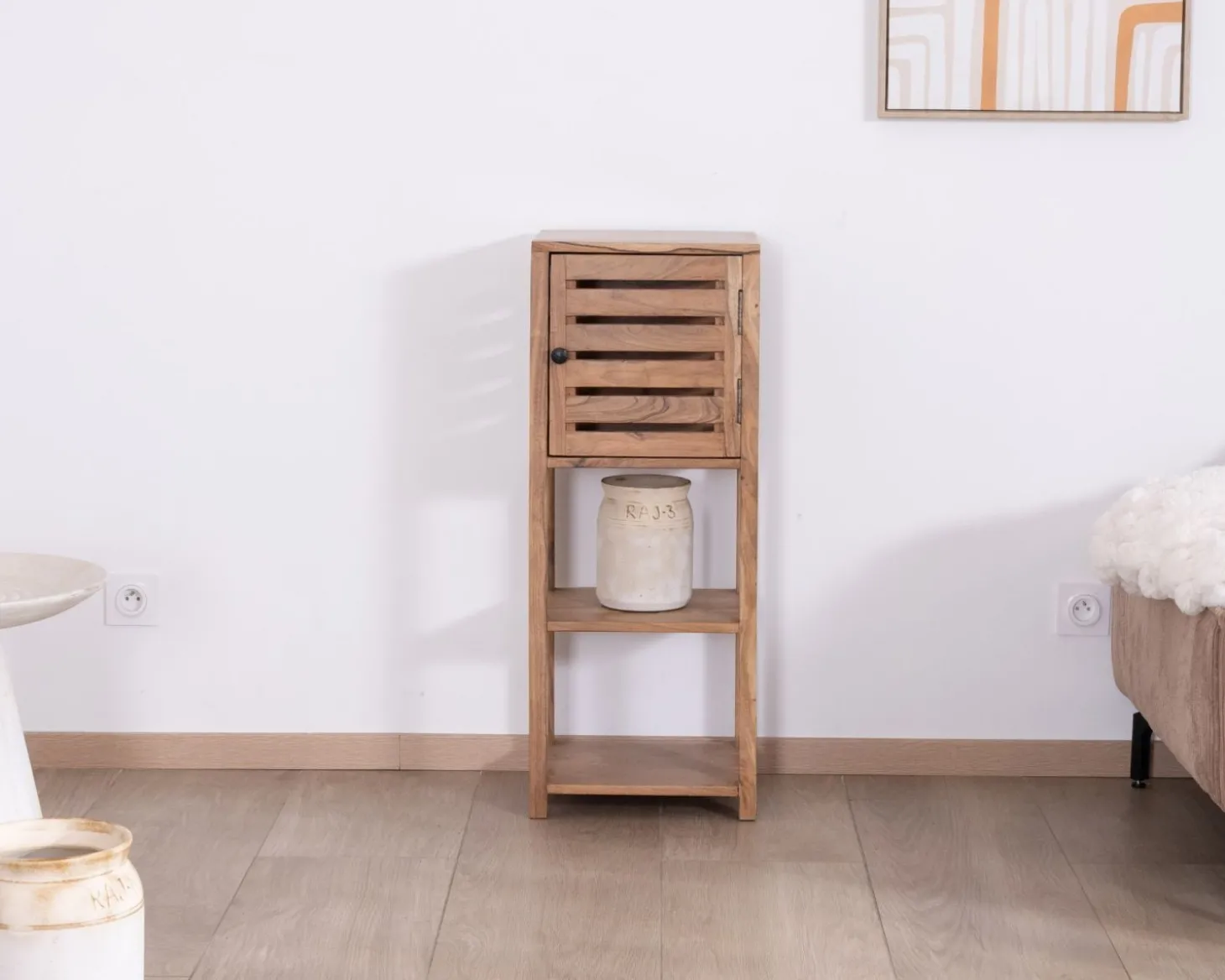 Etagère de rangement en acacia avec un compartiment en persienne "Conoa"