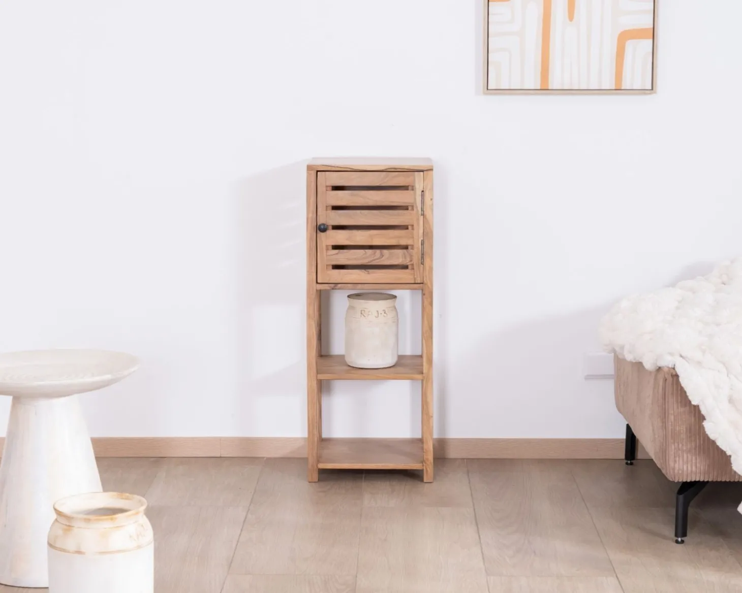 Etagère de rangement en acacia avec un compartiment en persienne "Conoa"