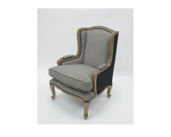Fauteuil bergère "Sofia" bois massif et tissu noir et blanc à losanges