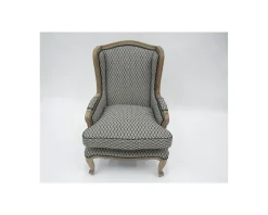 Fauteuil bergère "Sofia" bois massif et tissu noir et blanc à losanges