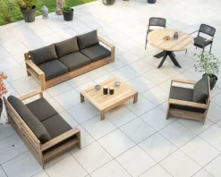 Fauteuil de jardin haut de gamme "Zénith" en teck matelassé tissu gris foncé