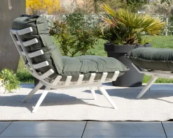 Fauteuil de jardin ultra confort en tissu vert kaki avec repose pieds modulaire 
