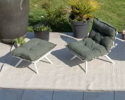 Fauteuil de jardin ultra confort en tissu vert kaki avec repose pieds modulaire 