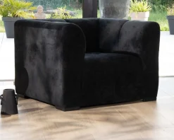 Fauteuil design cubique en velours anthracite avec surpiqures 