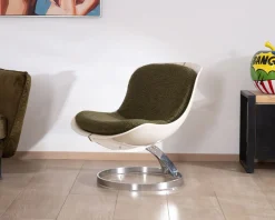 Fauteuil design pop coque en plexiglass et tissu bouclette vert kaki "AstroPop"