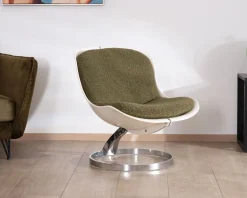 Fauteuil design pop coque en plexiglass et tissu bouclette vert kaki 