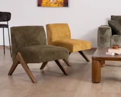 Fauteuil esprit vintage en tissu vert kaki clair "Tolga" pieds boomerang en bois