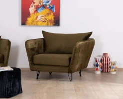 Fauteuil kaki tissu ultra doux design vintage "Hasting"