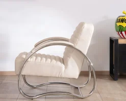 Fauteuil lounge rétro en cuir blanc et acier inoxydable 