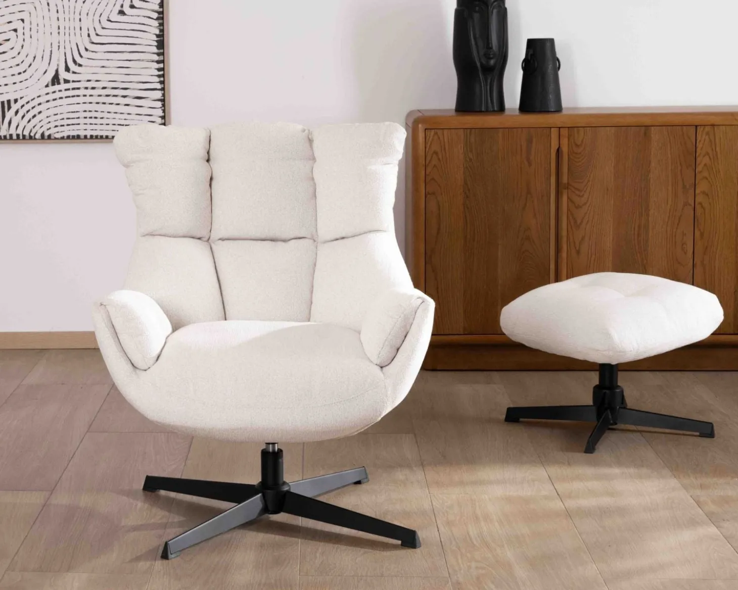 Fauteuil pivotant avec repose-pieds modulaire en tissu bouclette écru "Calista"