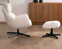 Fauteuil pivotant avec repose-pieds modulaire en tissu bouclette écru "Calista"