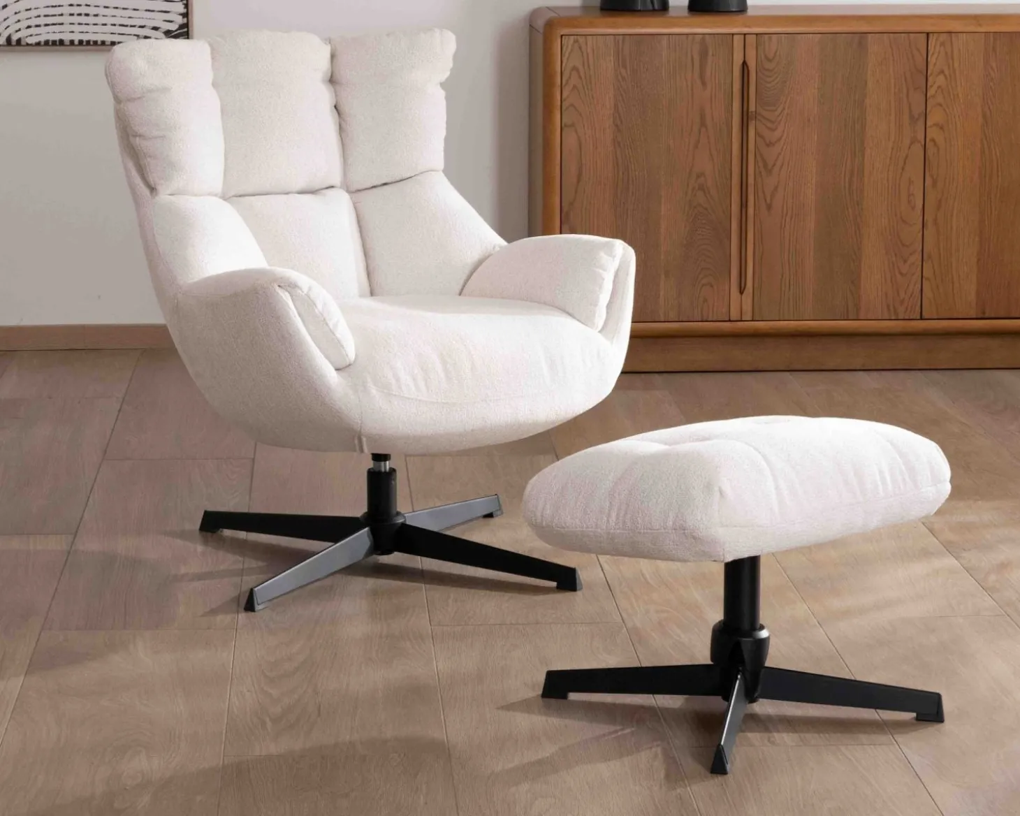 Fauteuil pivotant avec repose-pieds modulaire en tissu bouclette écru "Calista"