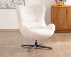 Fauteuil pivotant cocooning en tissu bouclette blanc cassé "Calista" forme enveloppante