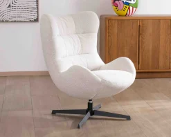 Fauteuil pivotant cocooning en tissu bouclette blanc cassé "Calista" forme enveloppante