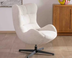 Fauteuil pivotant cocooning en tissu bouclette blanc cassé 
