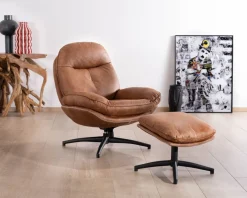Fauteuil pivotant esprit rétro avec pouf en tissu microfibre coloris havane 