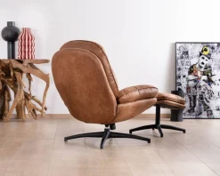 Fauteuil pivotant esprit rétro avec pouf en tissu microfibre coloris havane 