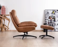 Fauteuil pivotant esprit rétro avec pouf en tissu microfibre coloris havane 