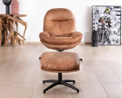 Fauteuil pivotant esprit rétro avec pouf en tissu microfibre coloris havane 