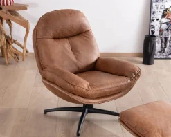 Fauteuil pivotant esprit rétro avec pouf en tissu microfibre coloris havane 