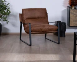 Fauteuil rétro tissu havane et métal noir 