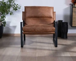 Fauteuil rétro tissu havane et métal noir 