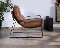 Fauteuil rétro tissu havane et métal noir 