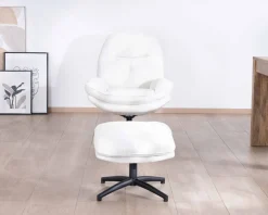 Fauteuil vintage avec pouf en tissu blanc ultra doux 