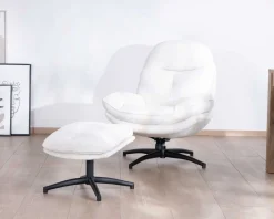 Fauteuil vintage avec pouf en tissu blanc ultra doux 