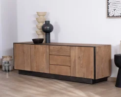 Grand banc TV 180 cm en manguier style épuré "Santo" avec portes et tiroirs