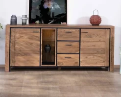 Grand buffet 215 cm acacia massif avec relief noirs, tiroirs et niche avec étagères vitrées 