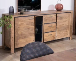 Grand buffet 215 cm acacia massif avec relief noirs, tiroirs et niche avec étagères vitrées 