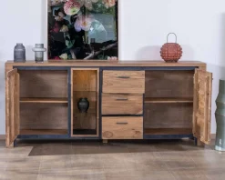 Grand buffet 215 cm acacia massif avec relief noirs, tiroirs et niche avec étagères vitrées 