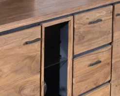 Grand buffet 215 cm acacia massif avec relief noirs, tiroirs et niche avec étagères vitrées 