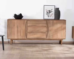 Grand buffet contemporain en manguier avec portes et tiroirs poignées encastrées 