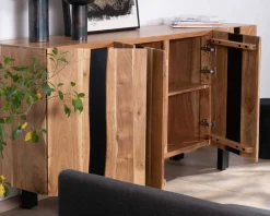Grand buffet design 190cm en bois massif d’acacia et métal noir 