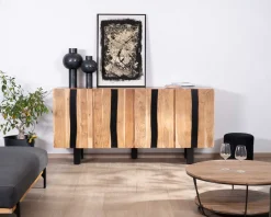Grand buffet design 190cm en bois massif d’acacia et métal noir 