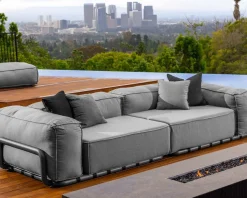 Grand canapé de terrasse droit modulaire esprit décontracté tissu gris "Escale"
