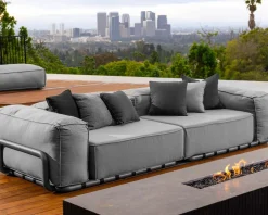 Grand canapé de terrasse droit modulaire esprit décontracté tissu gris 