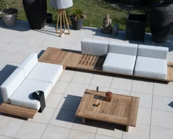 Grand canapé modulaire 5 places de jardin "Eclipse" avec tablette d'angle en teck