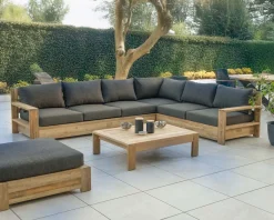 Grand canapé modulaire spécial extérieur en teck et tissu gris foncé 