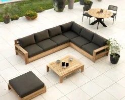 Grand canapé modulaire spécial extérieur en teck et tissu gris foncé 