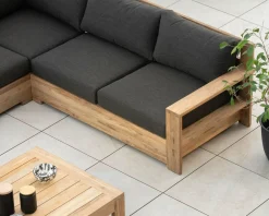 Grand canapé modulaire spécial extérieur en teck et tissu gris foncé 